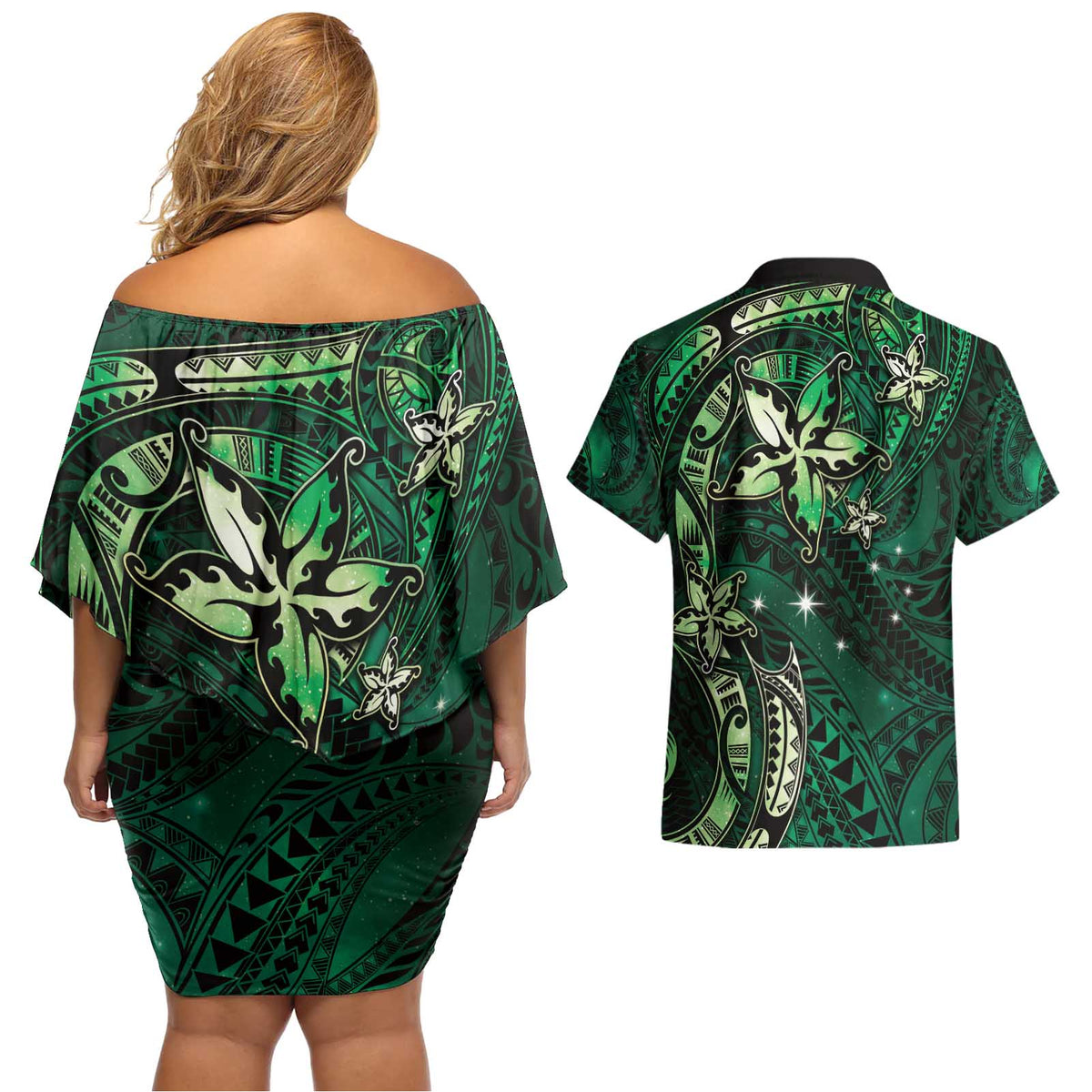 Hawaii Makahiki Season Couples Matching Off Shoulder Short Dress and Hawaiian Shirt Floral Tribal Tattoo Green Galaxy LT05 - Polynesian Pride