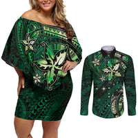 Hawaii Makahiki Season Couples Matching Off Shoulder Short Dress and Long Sleeve Button Shirt Floral Tribal Tattoo Green Galaxy LT05 Green - Polynesian Pride