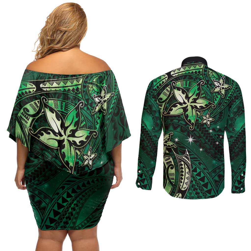 Hawaii Makahiki Season Couples Matching Off Shoulder Short Dress and Long Sleeve Button Shirt Floral Tribal Tattoo Green Galaxy LT05 - Polynesian Pride