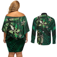 Hawaii Makahiki Season Couples Matching Off Shoulder Short Dress and Long Sleeve Button Shirt Floral Tribal Tattoo Green Galaxy LT05 - Polynesian Pride