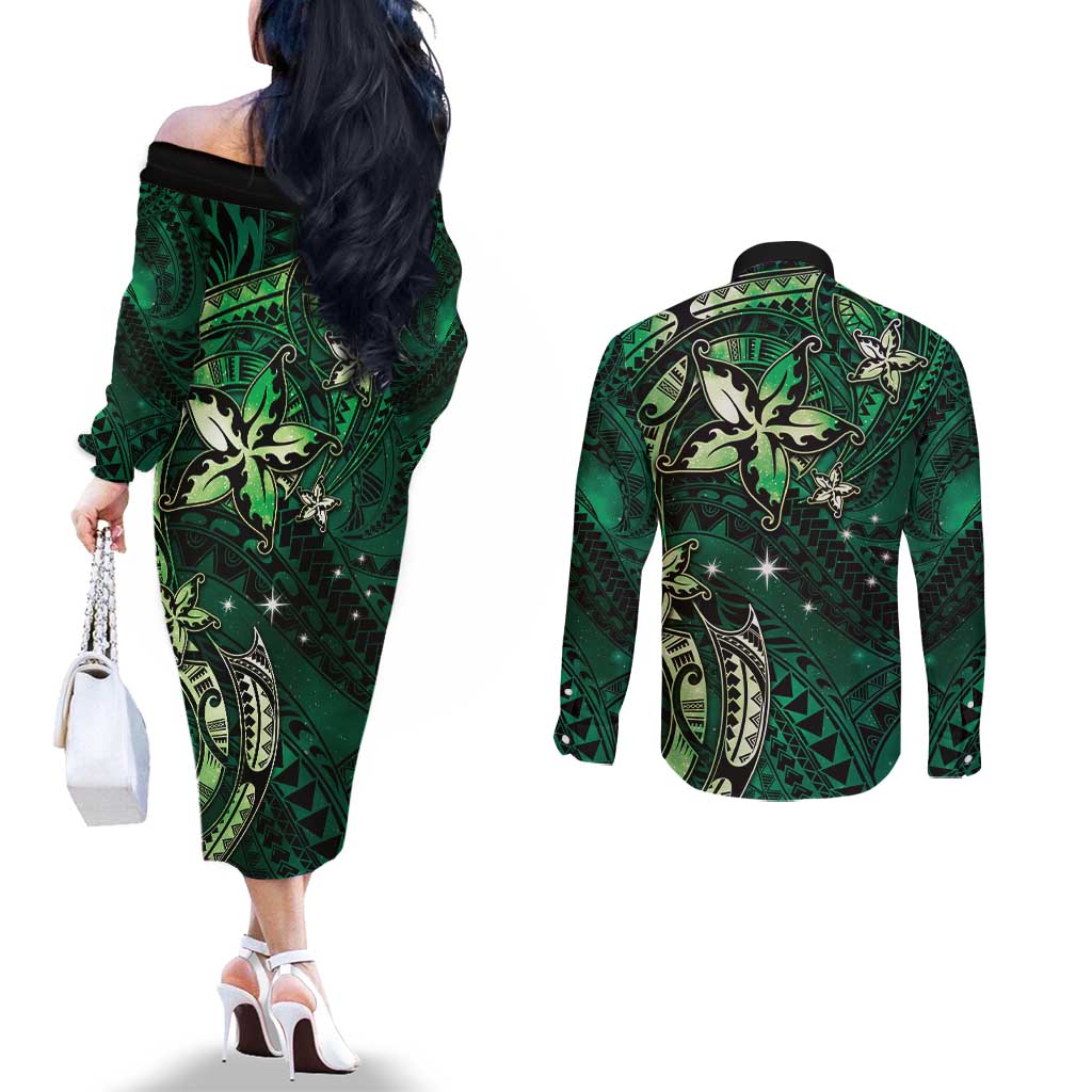 Hawaii Makahiki Season Couples Matching Off The Shoulder Long Sleeve Dress and Long Sleeve Button Shirt Floral Tribal Tattoo Green Galaxy LT05 - Polynesian Pride