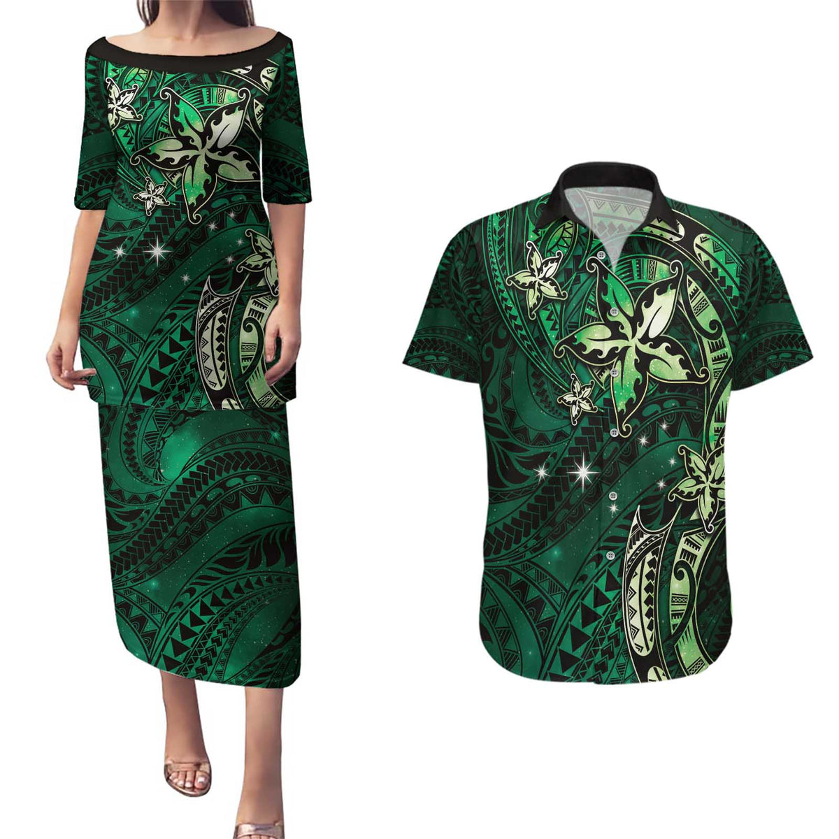 Hawaii Makahiki Season Couples Matching Puletasi and Hawaiian Shirt Floral Tribal Tattoo Green Galaxy LT05 Green - Polynesian Pride
