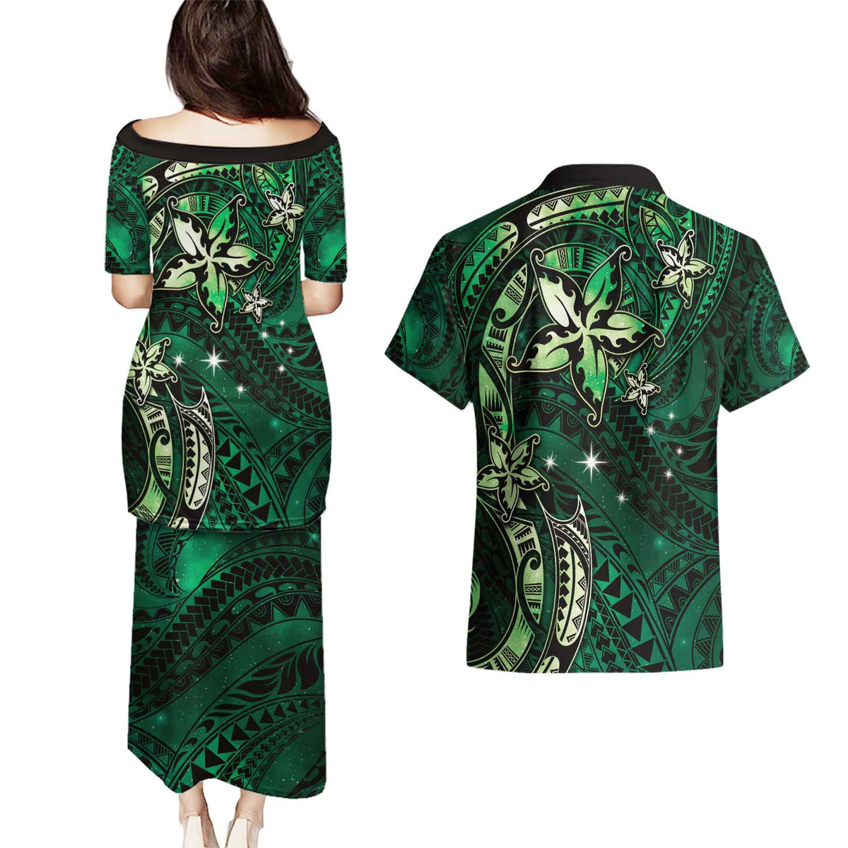 Hawaii Makahiki Season Couples Matching Puletasi and Hawaiian Shirt Floral Tribal Tattoo Green Galaxy LT05 - Polynesian Pride