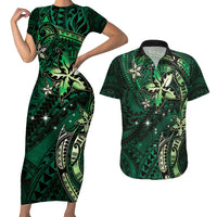Hawaii Makahiki Season Couples Matching Short Sleeve Bodycon Dress and Hawaiian Shirt Floral Tribal Tattoo Green Galaxy LT05 Green - Polynesian Pride