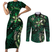 Hawaii Makahiki Season Couples Matching Short Sleeve Bodycon Dress and Long Sleeve Button Shirt Floral Tribal Tattoo Green Galaxy LT05 Green - Polynesian Pride
