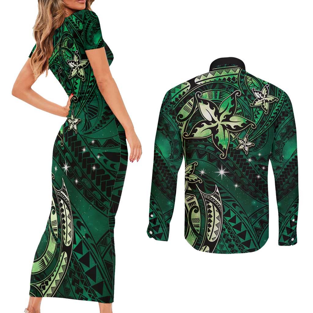 Hawaii Makahiki Season Couples Matching Short Sleeve Bodycon Dress and Long Sleeve Button Shirt Floral Tribal Tattoo Green Galaxy LT05 - Polynesian Pride