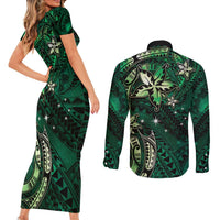 Hawaii Makahiki Season Couples Matching Short Sleeve Bodycon Dress and Long Sleeve Button Shirt Floral Tribal Tattoo Green Galaxy LT05 - Polynesian Pride