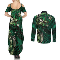 Hawaii Makahiki Season Couples Matching Summer Maxi Dress and Long Sleeve Button Shirt Floral Tribal Tattoo Green Galaxy LT05 - Polynesian Pride