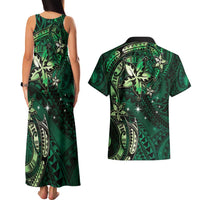 Hawaii Makahiki Season Couples Matching Tank Maxi Dress and Hawaiian Shirt Floral Tribal Tattoo Green Galaxy LT05 - Polynesian Pride