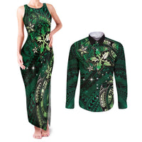 Hawaii Makahiki Season Couples Matching Tank Maxi Dress and Long Sleeve Button Shirt Floral Tribal Tattoo Green Galaxy LT05 Green - Polynesian Pride