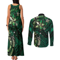 Hawaii Makahiki Season Couples Matching Tank Maxi Dress and Long Sleeve Button Shirt Floral Tribal Tattoo Green Galaxy LT05 - Polynesian Pride