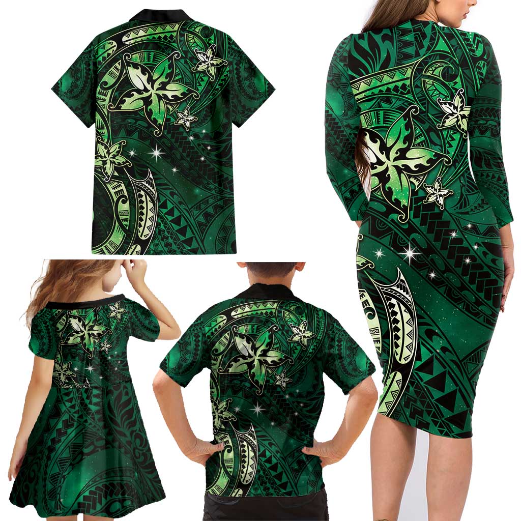 Hawaii Makahiki Season Family Matching Long Sleeve Bodycon Dress and Hawaiian Shirt Floral Tribal Tattoo Green Galaxy LT05 - Polynesian Pride