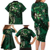 Hawaii Makahiki Season Family Matching Long Sleeve Bodycon Dress and Hawaiian Shirt Floral Tribal Tattoo Green Galaxy LT05 - Polynesian Pride