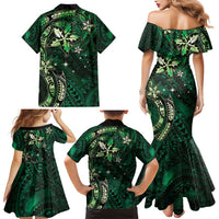 Hawaii Makahiki Season Family Matching Mermaid Dress and Hawaiian Shirt Floral Tribal Tattoo Green Galaxy LT05 - Polynesian Pride