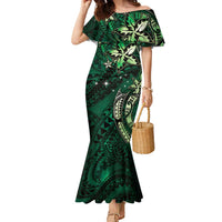 Hawaii Makahiki Season Family Matching Mermaid Dress and Hawaiian Shirt Floral Tribal Tattoo Green Galaxy LT05 Mom's Dress Green - Polynesian Pride