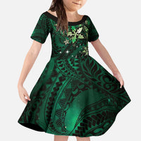 Hawaii Makahiki Season Family Matching Off The Shoulder Long Sleeve Dress and Hawaiian Shirt Floral Tribal Tattoo Green Galaxy LT05 Daughter's Dress Green - Polynesian Pride
