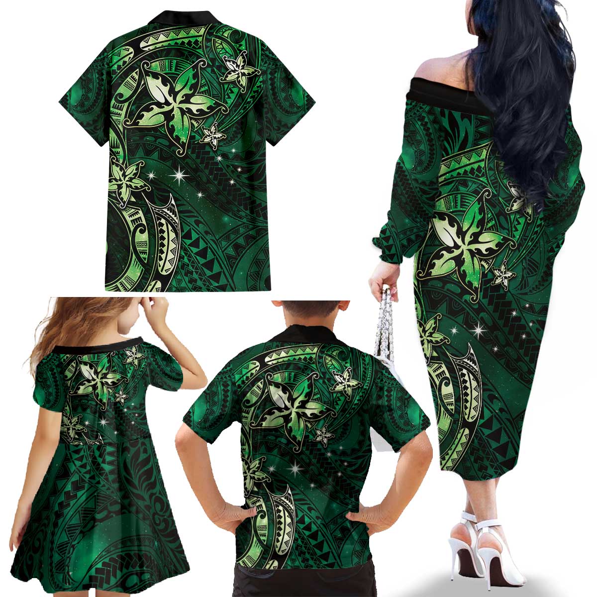 Hawaii Makahiki Season Family Matching Off The Shoulder Long Sleeve Dress and Hawaiian Shirt Floral Tribal Tattoo Green Galaxy LT05 - Polynesian Pride