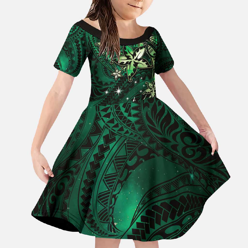 Hawaii Makahiki Season Family Matching Off Shoulder Maxi Dress and Hawaiian Shirt Floral Tribal Tattoo Green Galaxy LT05 Daughter's Dress Green - Polynesian Pride