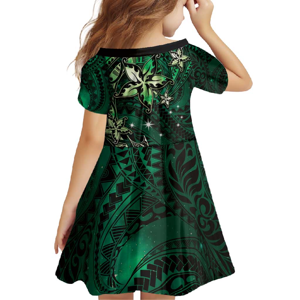 Hawaii Makahiki Season Family Matching Off Shoulder Maxi Dress and Hawaiian Shirt Floral Tribal Tattoo Green Galaxy LT05 - Polynesian Pride