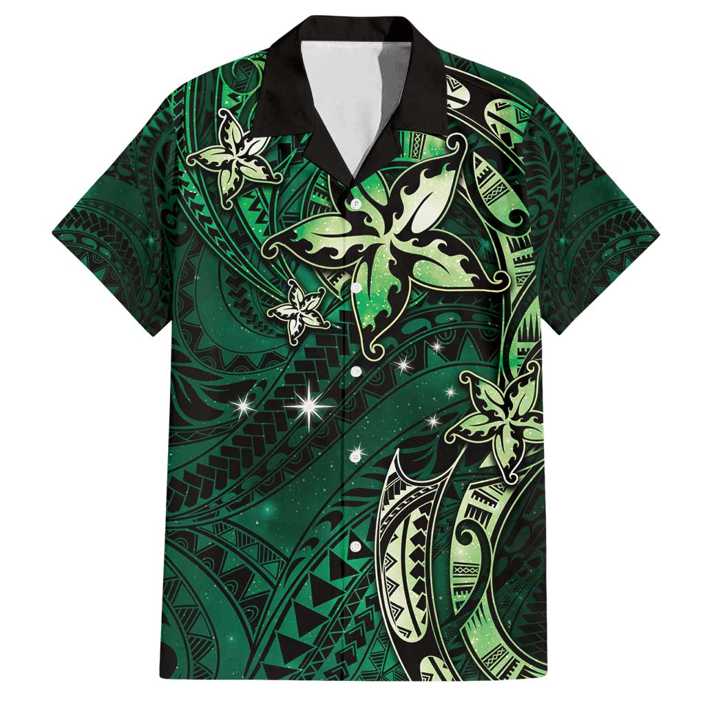 Hawaii Makahiki Season Family Matching Off Shoulder Maxi Dress and Hawaiian Shirt Floral Tribal Tattoo Green Galaxy LT05 Dad's Shirt - Short Sleeve Green - Polynesian Pride