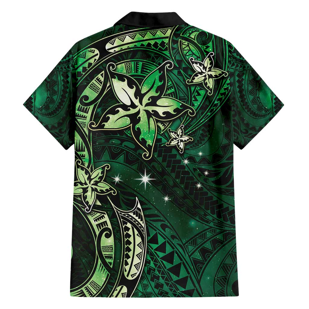Hawaii Makahiki Season Family Matching Off Shoulder Maxi Dress and Hawaiian Shirt Floral Tribal Tattoo Green Galaxy LT05 - Polynesian Pride