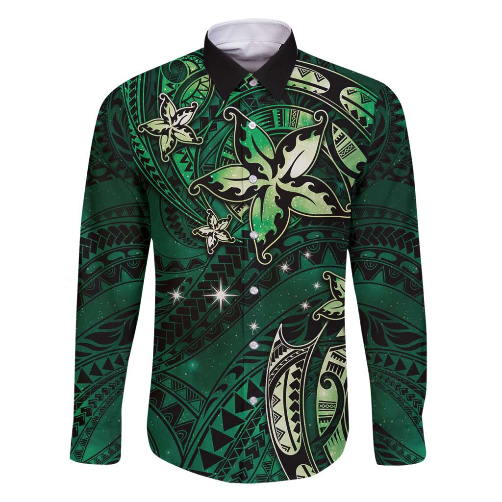 Hawaii Makahiki Season Family Matching Off Shoulder Maxi Dress and Hawaiian Shirt Floral Tribal Tattoo Green Galaxy LT05 Dad's Shirt - Long Sleeve Green - Polynesian Pride