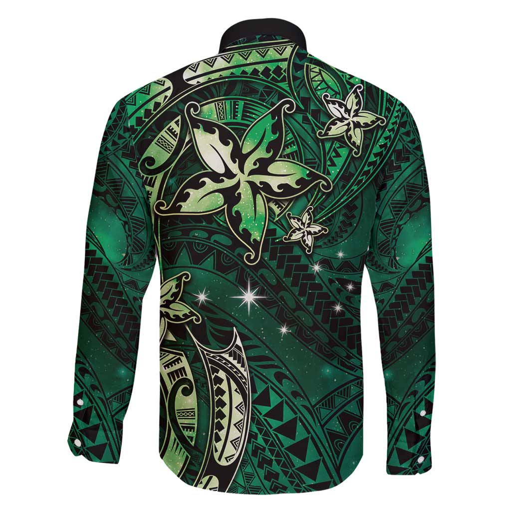 Hawaii Makahiki Season Family Matching Off Shoulder Maxi Dress and Hawaiian Shirt Floral Tribal Tattoo Green Galaxy LT05 - Polynesian Pride