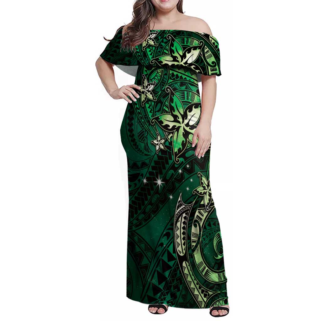 Hawaii Makahiki Season Family Matching Off Shoulder Maxi Dress and Hawaiian Shirt Floral Tribal Tattoo Green Galaxy LT05 Mom's Dress Green - Polynesian Pride