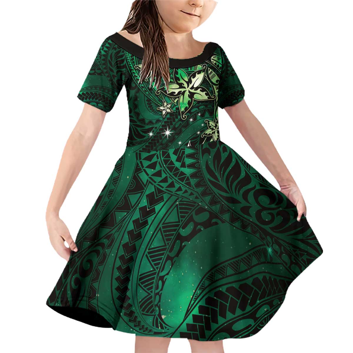 Hawaii Makahiki Season Family Matching Off Shoulder Short Dress and Hawaiian Shirt Floral Tribal Tattoo Green Galaxy LT05 Daughter's Dress Green - Polynesian Pride