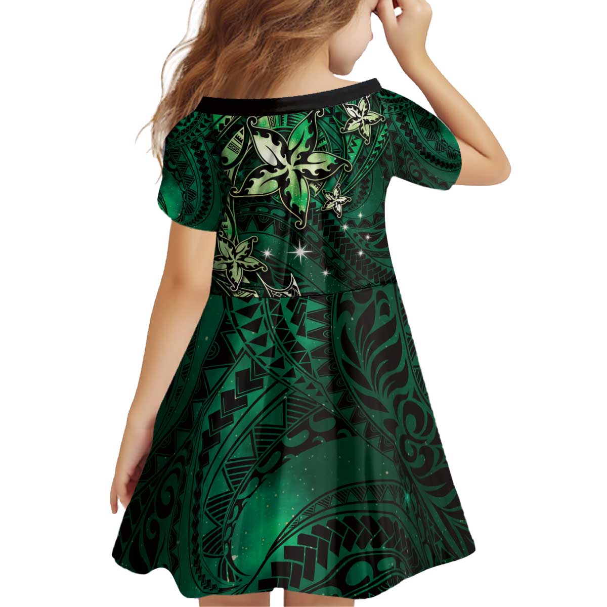 Hawaii Makahiki Season Family Matching Off Shoulder Short Dress and Hawaiian Shirt Floral Tribal Tattoo Green Galaxy LT05 - Polynesian Pride