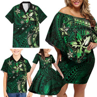 Hawaii Makahiki Season Family Matching Off Shoulder Short Dress and Hawaiian Shirt Floral Tribal Tattoo Green Galaxy LT05 - Polynesian Pride