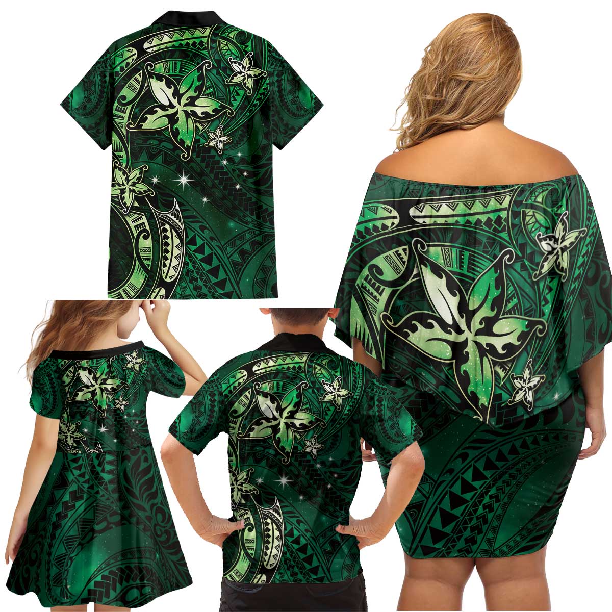 Hawaii Makahiki Season Family Matching Off Shoulder Short Dress and Hawaiian Shirt Floral Tribal Tattoo Green Galaxy LT05 - Polynesian Pride