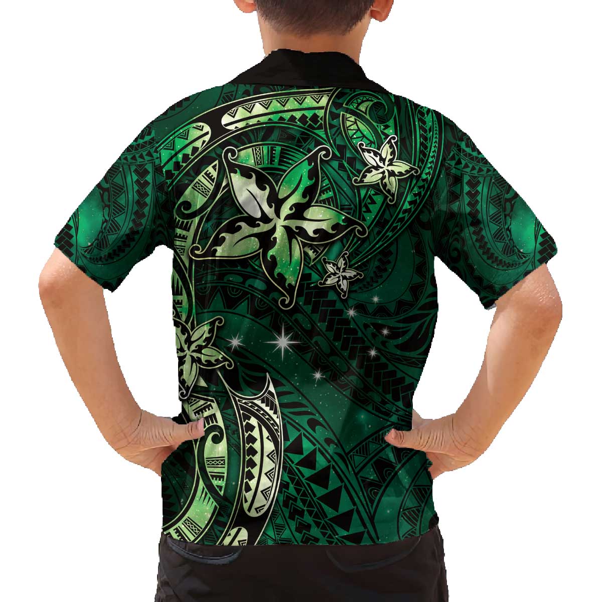 Hawaii Makahiki Season Family Matching Puletasi and Hawaiian Shirt Floral Tribal Tattoo Green Galaxy LT05 - Polynesian Pride