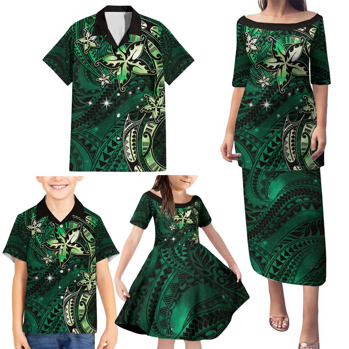 Hawaii Makahiki Season Family Matching Puletasi and Hawaiian Shirt Floral Tribal Tattoo Green Galaxy LT05 - Polynesian Pride