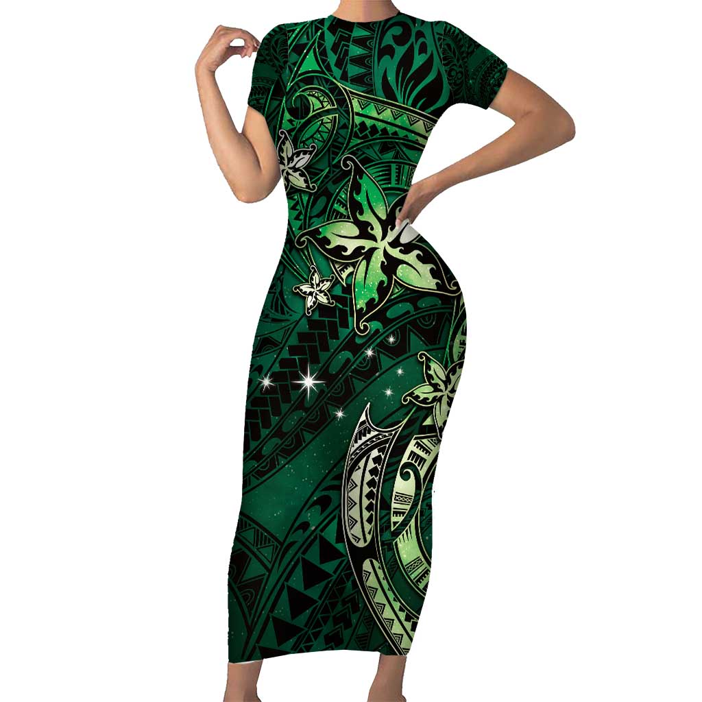 Hawaii Makahiki Season Family Matching Short Sleeve Bodycon Dress and Hawaiian Shirt Floral Tribal Tattoo Green Galaxy LT05 Mom's Dress Green - Polynesian Pride