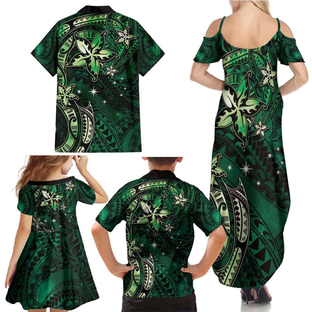 Hawaii Makahiki Season Family Matching Summer Maxi Dress and Hawaiian Shirt Floral Tribal Tattoo Green Galaxy LT05 - Polynesian Pride