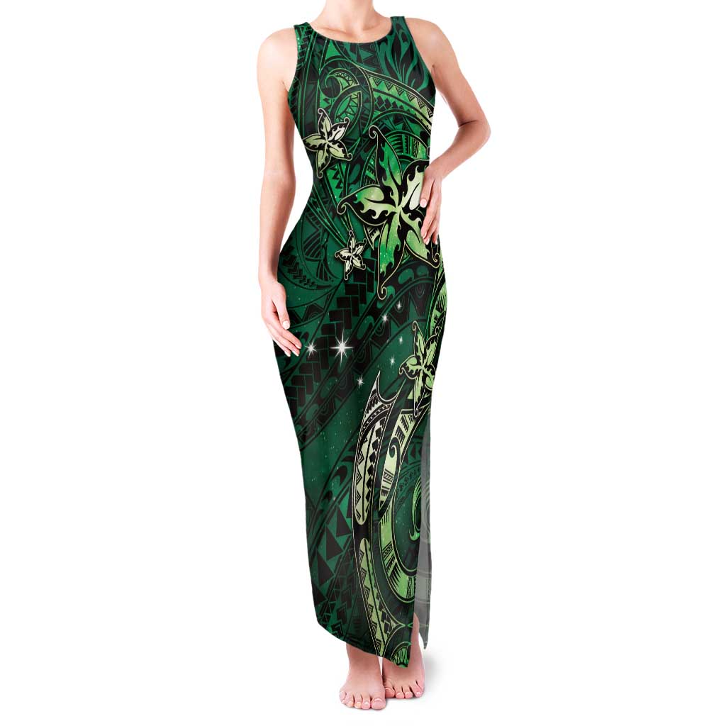 Hawaii Makahiki Season Family Matching Tank Maxi Dress and Hawaiian Shirt Floral Tribal Tattoo Green Galaxy LT05 Mom's Dress Green - Polynesian Pride
