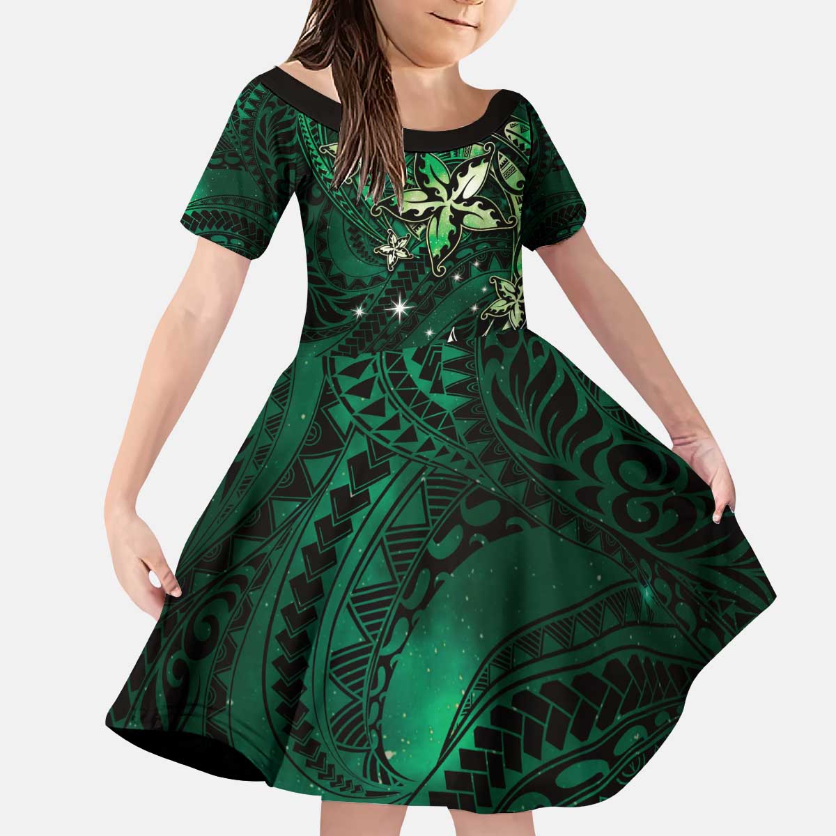 Hawaii Makahiki Season Kid Short Sleeve Dress Floral Tribal Tattoo Green Galaxy