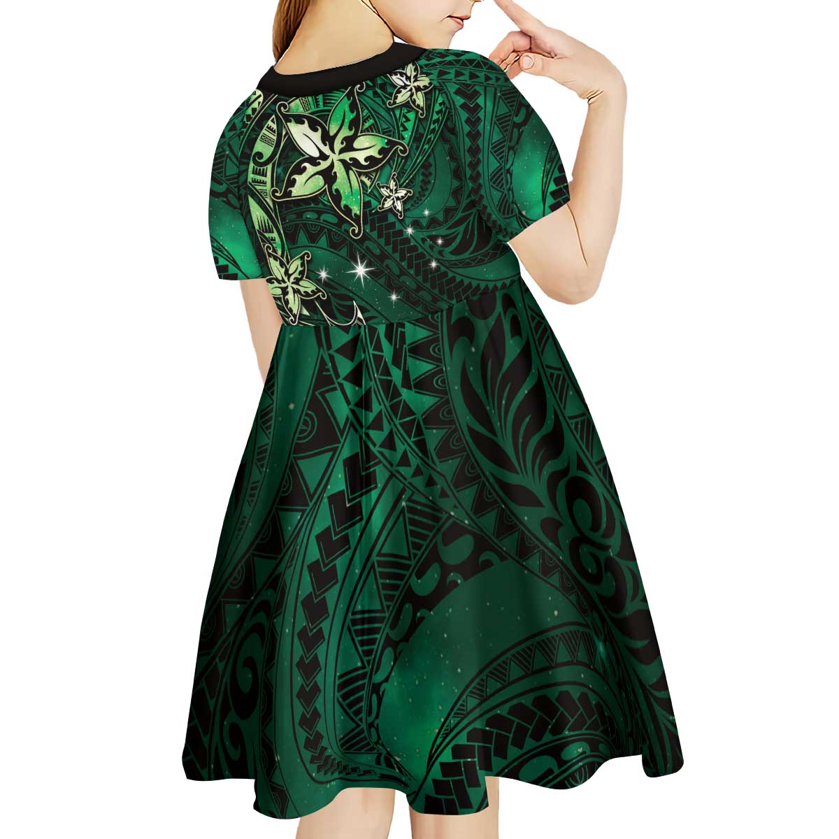 Hawaii Makahiki Season Kid Short Sleeve Dress Floral Tribal Tattoo Green Galaxy