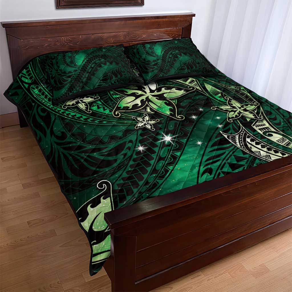 Hawaii Makahiki Season Quilt Bed Set Floral Tribal Tattoo Green Galaxy