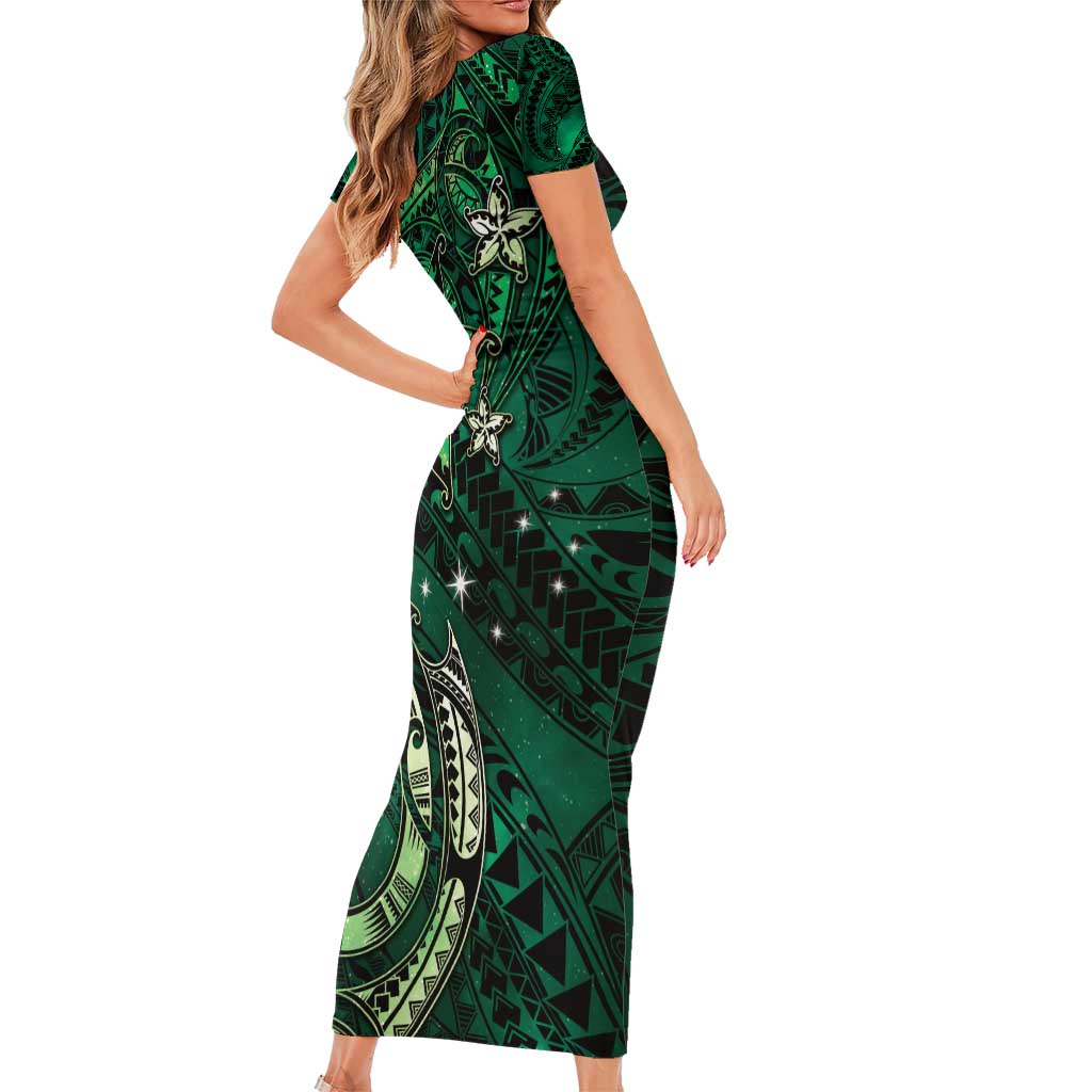 Hawaii Makahiki Season Short Sleeve Bodycon Dress Floral Tribal Tattoo Green Galaxy LT05 - Polynesian Pride