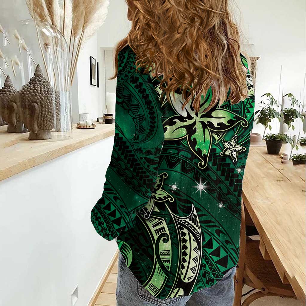 Hawaii Makahiki Season Women Casual Shirt Floral Tribal Tattoo Green Galaxy LT05 - Polynesian Pride