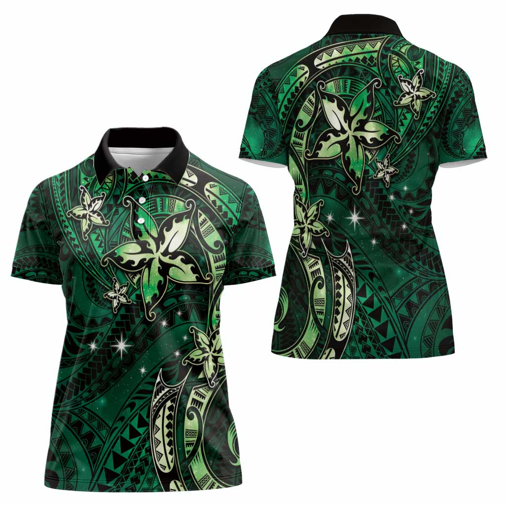 Hawaii Makahiki Season Women Polo Shirt Floral Tribal Tattoo Green Galaxy LT05 - Polynesian Pride