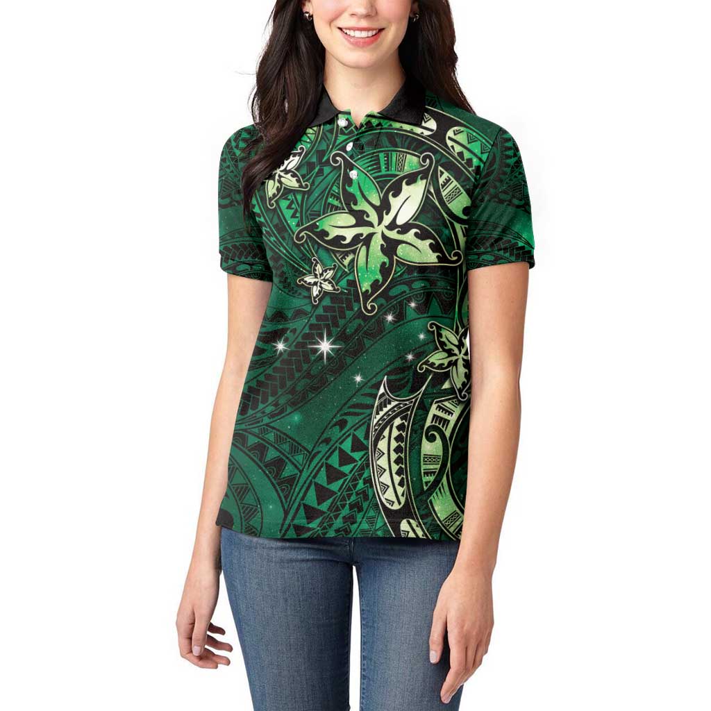 Hawaii Makahiki Season Women Polo Shirt Floral Tribal Tattoo Green Galaxy LT05 - Polynesian Pride