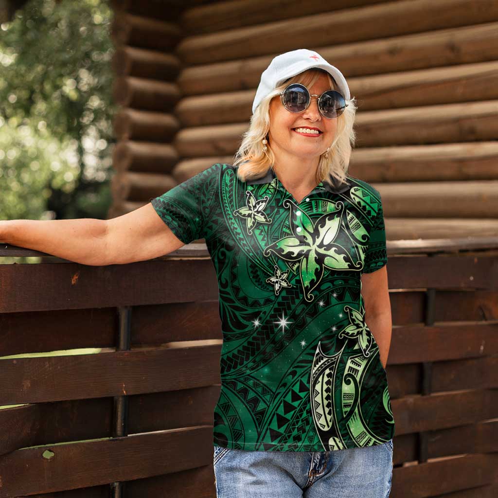 Hawaii Makahiki Season Women Polo Shirt Floral Tribal Tattoo Green Galaxy LT05 - Polynesian Pride