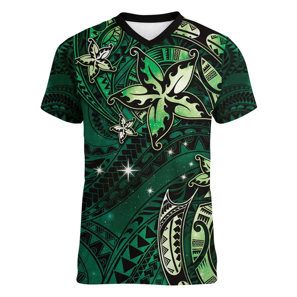 Hawaii Makahiki Season Women V-Neck T-Shirt Floral Tribal Tattoo Green Galaxy