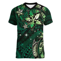 Hawaii Makahiki Season Women V-Neck T-Shirt Floral Tribal Tattoo Green Galaxy