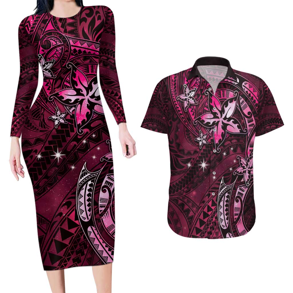 Hawaii Makahiki Season Couples Matching Long Sleeve Bodycon Dress and Hawaiian Shirt Floral Tribal Tattoo Pink Galaxy LT05 Pink - Polynesian Pride