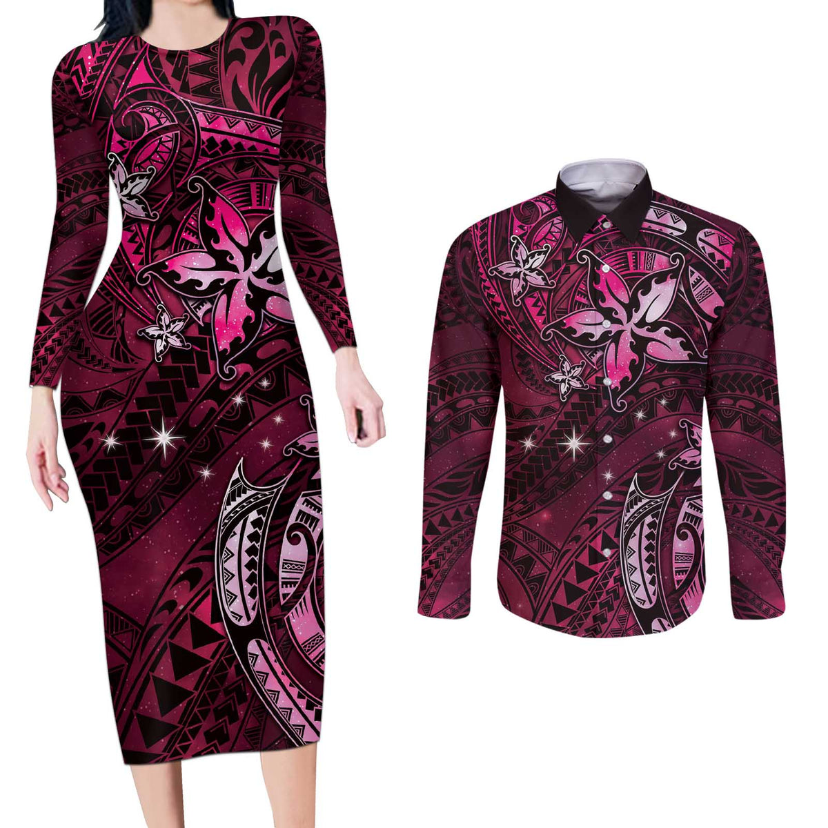 Hawaii Makahiki Season Couples Matching Long Sleeve Bodycon Dress and Long Sleeve Button Shirt Floral Tribal Tattoo Pink Galaxy LT05 Pink - Polynesian Pride