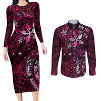 Hawaii Makahiki Season Couples Matching Long Sleeve Bodycon Dress and Long Sleeve Button Shirt Floral Tribal Tattoo Pink Galaxy LT05 Pink - Polynesian Pride